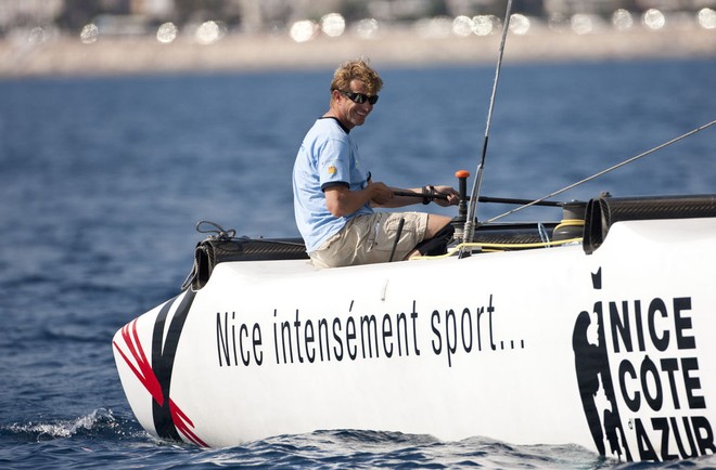 Jean-Pierre Dick, skipper of Team Extreme Nice Côte d’Azur, finishes on the podium after the first day of racing - Act 7, Extreme Sailing Series 2011 &copy; Lloyd Images http://lloydimagesgallery.photoshelter.com/